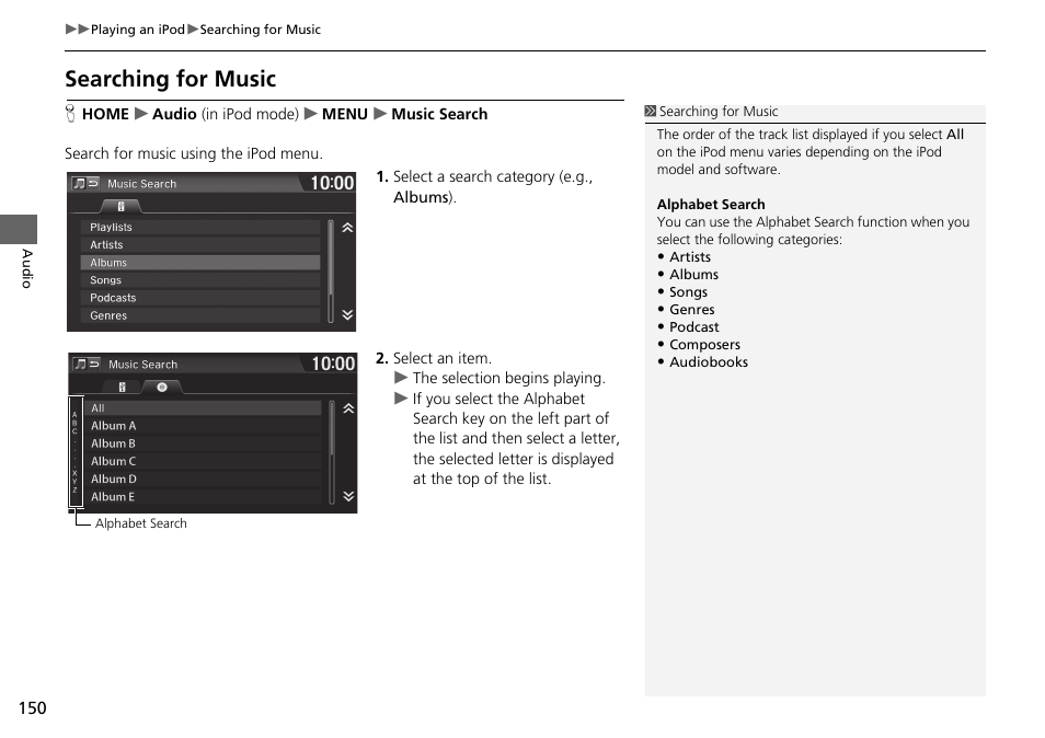 Searching for music | HONDA 2015 Fit - Navigation Manual User Manual | Page 151 / 253