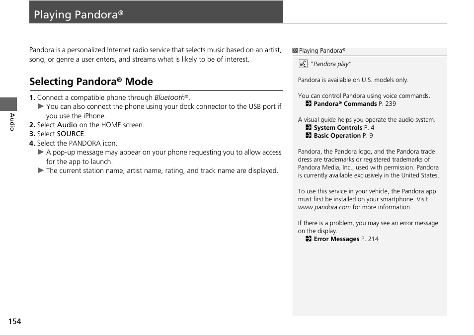 Playing pandora® 154, P154), Playing pandora | Selecting pandora® mode | HONDA 2015 Fit - Navigation Manual User Manual | Page 155 / 253