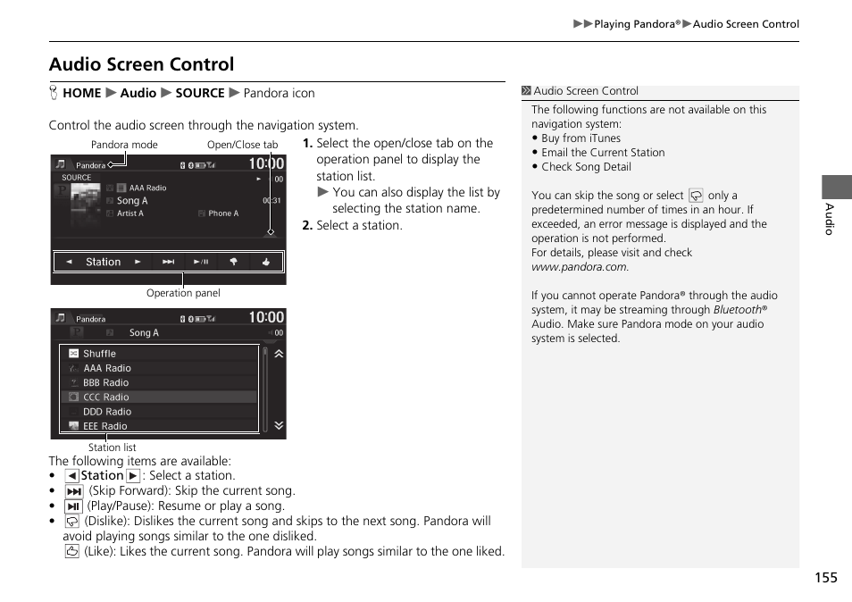 Audio screen control | HONDA 2015 Fit - Navigation Manual User Manual | Page 156 / 253