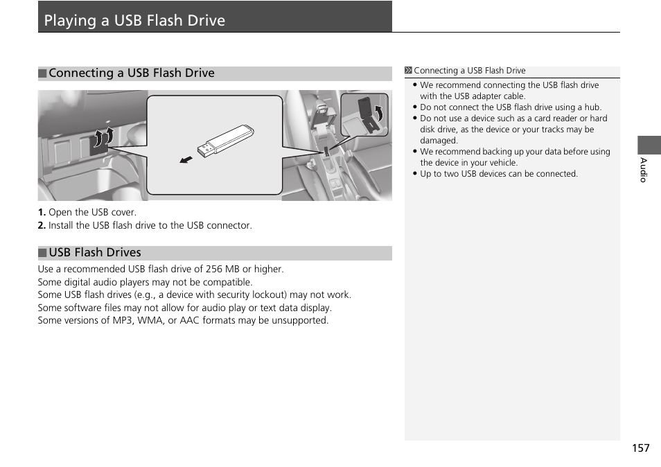 Playing a usb flash drive 157, P157), Playing a usb flash drive | HONDA 2015 Fit - Navigation Manual User Manual | Page 158 / 253