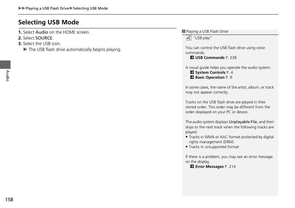 Selecting usb mode | HONDA 2015 Fit - Navigation Manual User Manual | Page 159 / 253