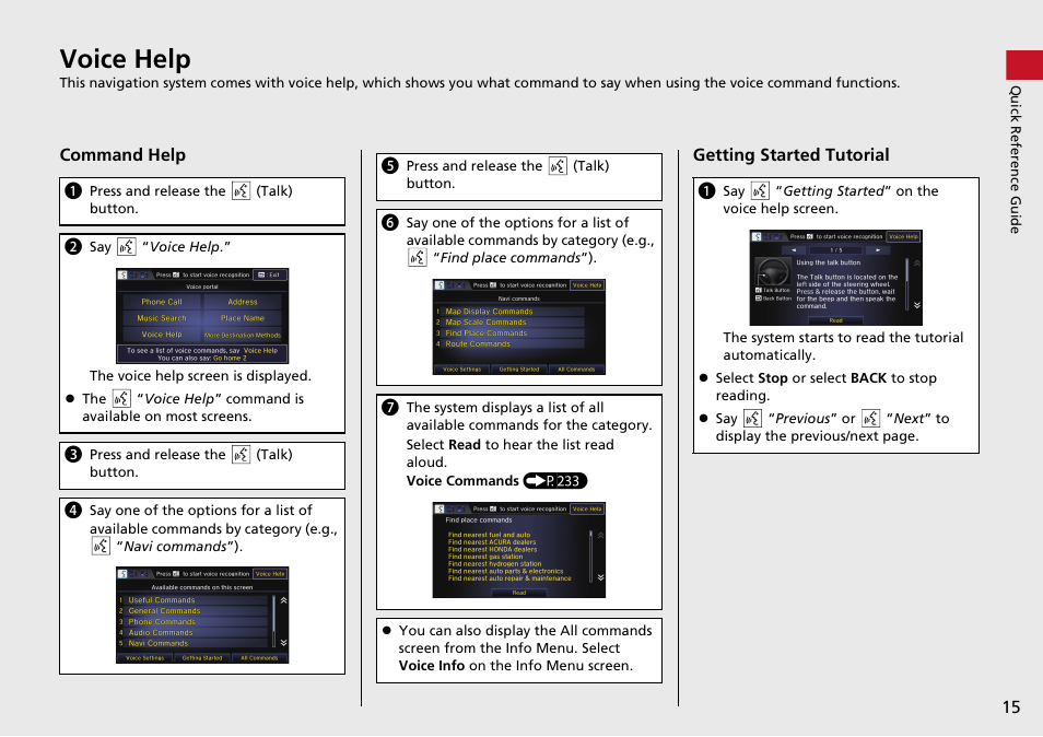 Voice help, P15) | HONDA 2015 Fit - Navigation Manual User Manual | Page 16 / 253