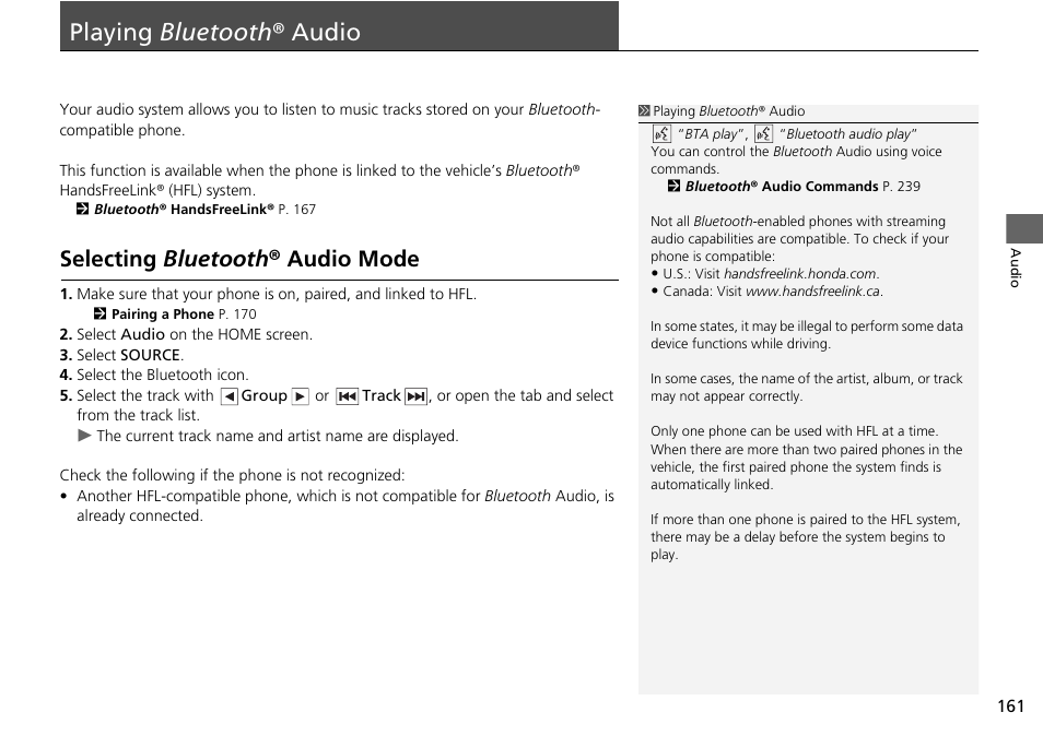 Playing bluetooth ® audio 161, P161), Playing bluetooth ® audio | Selecting bluetooth ® audio mode | HONDA 2015 Fit - Navigation Manual User Manual | Page 162 / 253