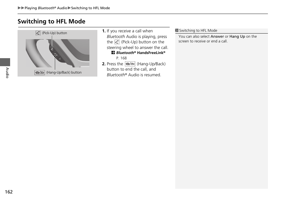 Switching to hfl mode | HONDA 2015 Fit - Navigation Manual User Manual | Page 163 / 253