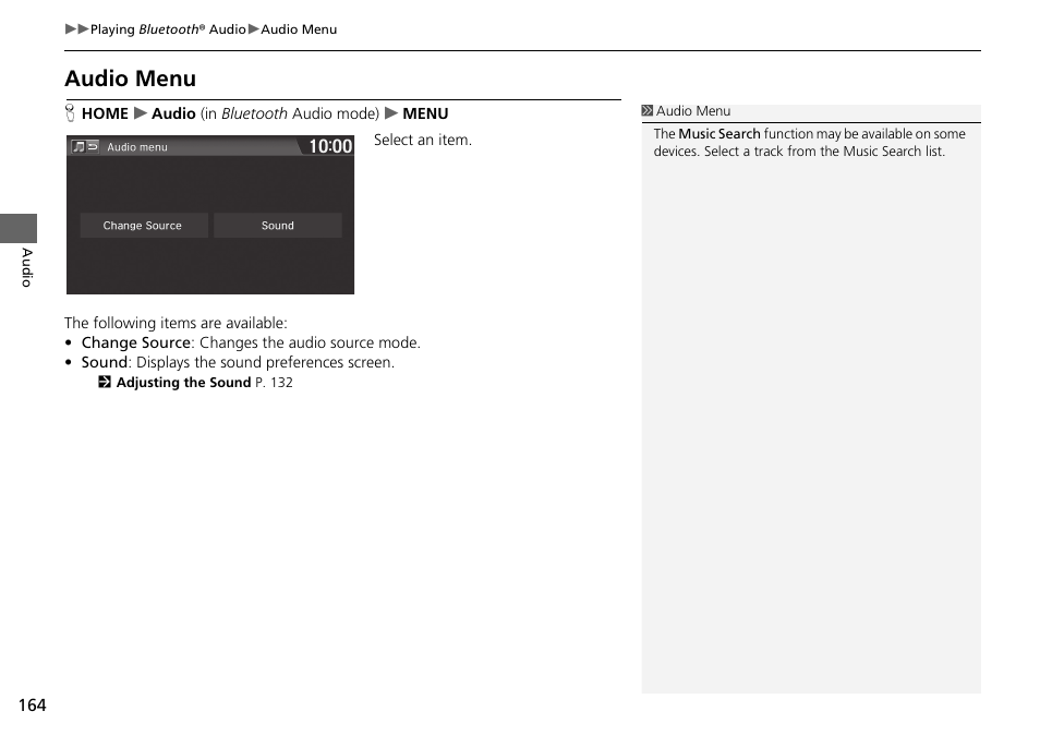 Audio menu | HONDA 2015 Fit - Navigation Manual User Manual | Page 165 / 253