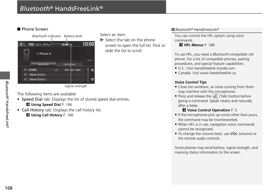 Bluetooth ® handsfreelink® 168, P168), Bluetooth ® handsfreelink | Bluetooth ® handsfreelink® p. 168 | HONDA 2015 Fit - Navigation Manual User Manual | Page 169 / 253