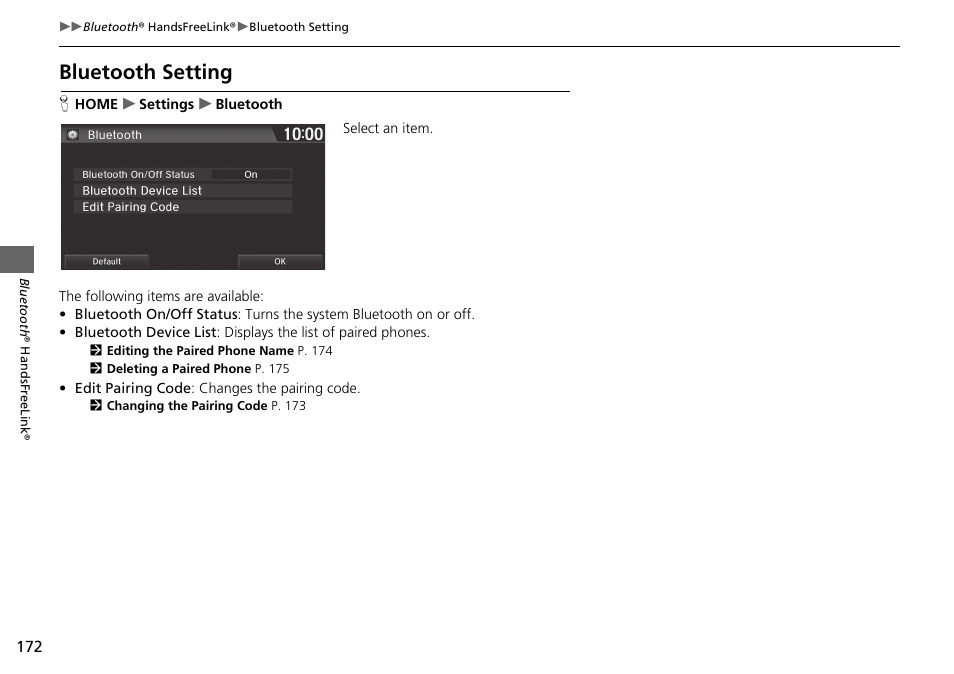 Bluetooth setting | HONDA 2015 Fit - Navigation Manual User Manual | Page 173 / 253