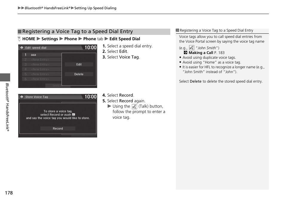 Registering a voice tag to a, Speed dial entry, Registering a voice tag to a speed dial entry | HONDA 2015 Fit - Navigation Manual User Manual | Page 179 / 253