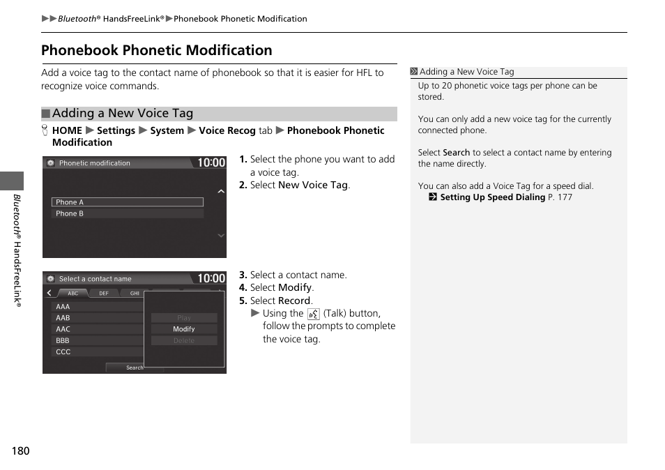 Phonebook phonetic modification p. 180, Phonebook phonetic modification, Adding a new voice tag | HONDA 2015 Fit - Navigation Manual User Manual | Page 181 / 253