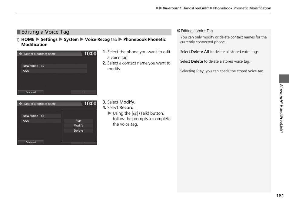 Editing a voice tag | HONDA 2015 Fit - Navigation Manual User Manual | Page 182 / 253