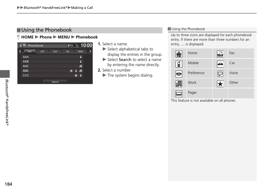 Using the phonebook p. 184, Using the phonebook | HONDA 2015 Fit - Navigation Manual User Manual | Page 185 / 253