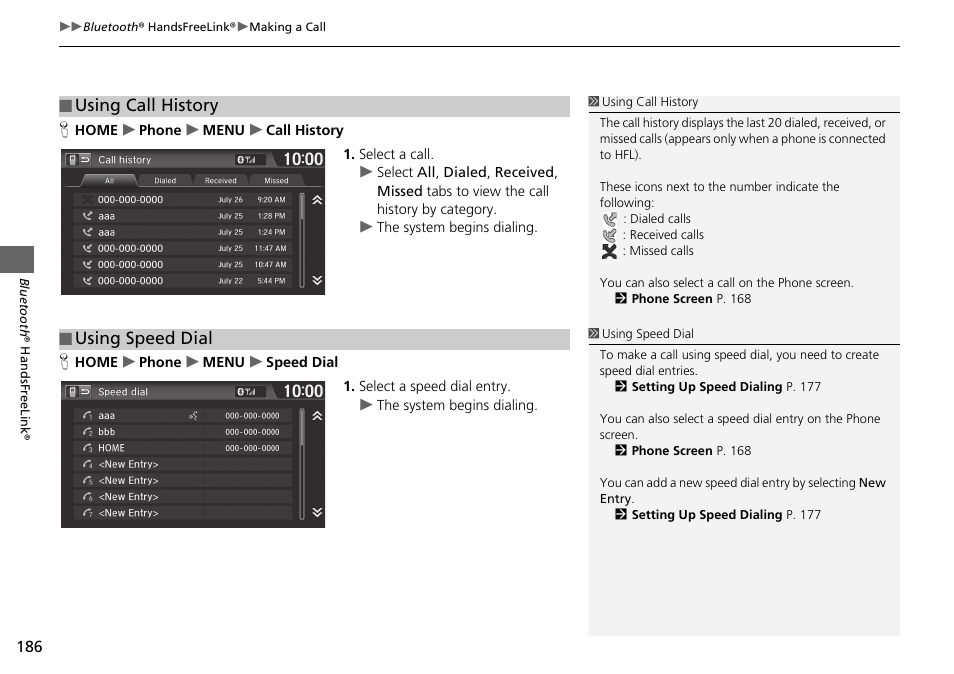 Using speed dial p. 186, Using call history p. 186, Using speed dial | Using call history | HONDA 2015 Fit - Navigation Manual User Manual | Page 187 / 253