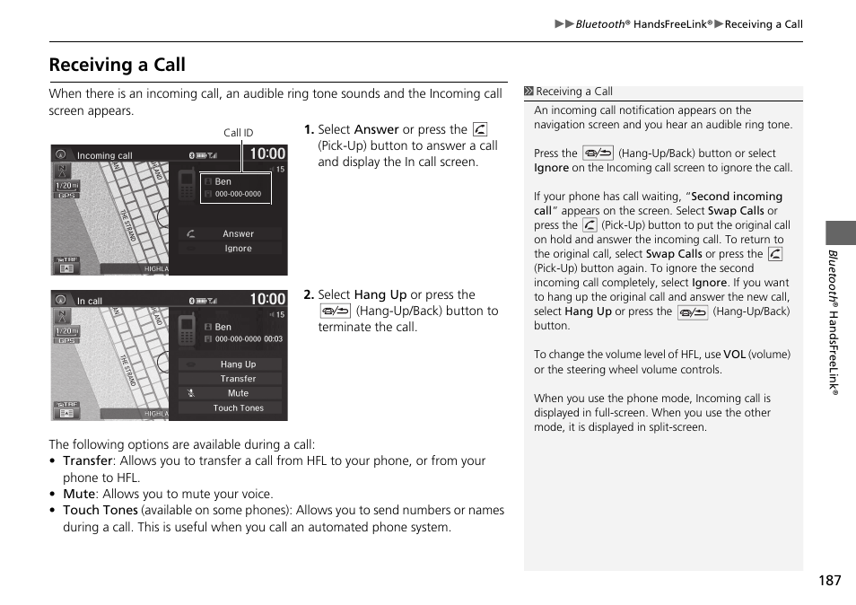 P187), Receiving a call | HONDA 2015 Fit - Navigation Manual User Manual | Page 188 / 253