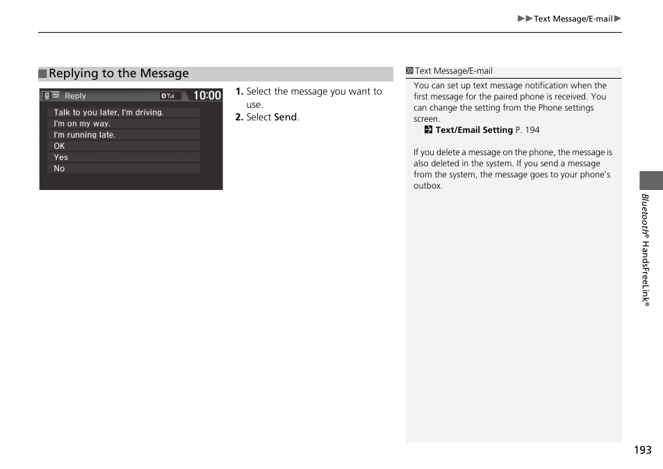 Replying to the message | HONDA 2015 Fit - Navigation Manual User Manual | Page 194 / 253