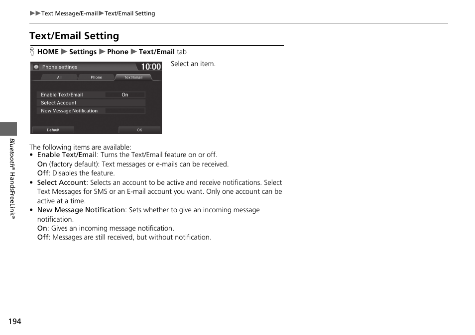 Text/email setting, Text/email, Setting | HONDA 2015 Fit - Navigation Manual User Manual | Page 195 / 253