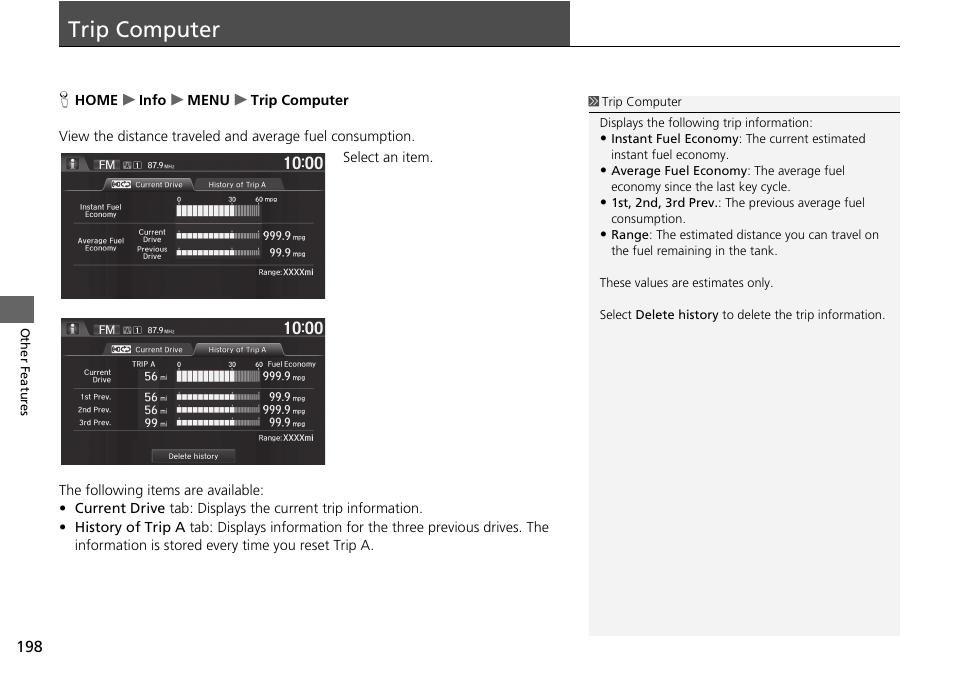 Trip computer 198, Trip computer | HONDA 2015 Fit - Navigation Manual User Manual | Page 199 / 253