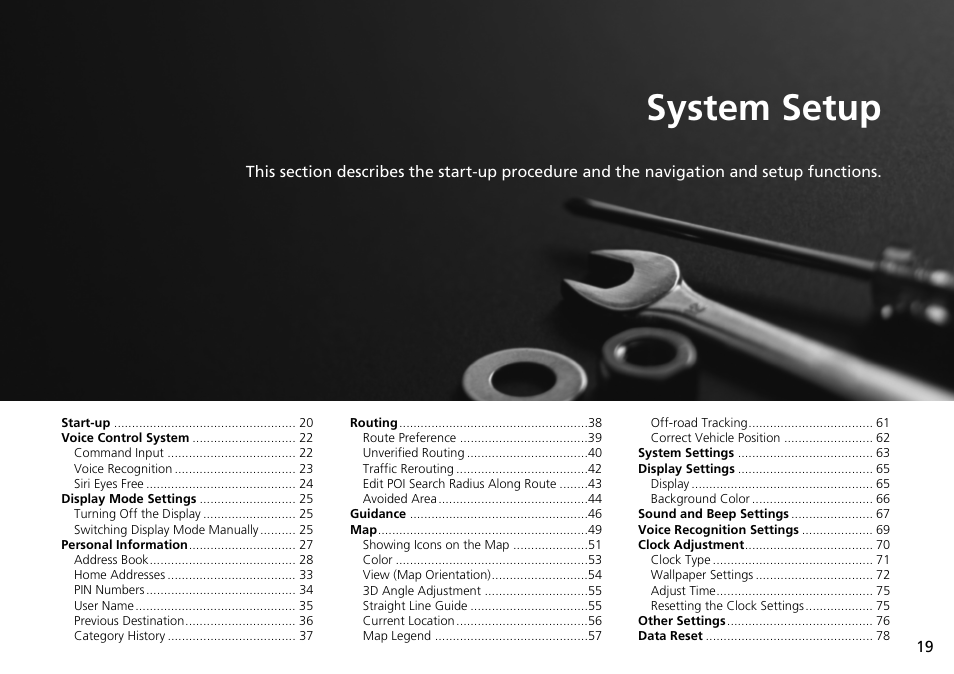 System setup, System setup p. 19, P19) | HONDA 2015 Fit - Navigation Manual User Manual | Page 20 / 253