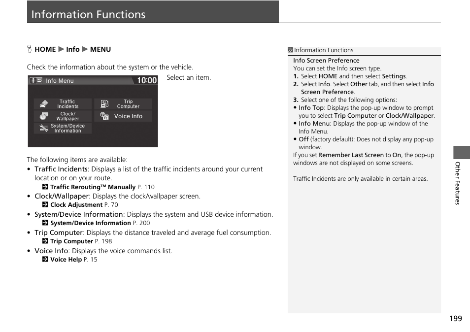 Information functions 199, Information functions | HONDA 2015 Fit - Navigation Manual User Manual | Page 200 / 253