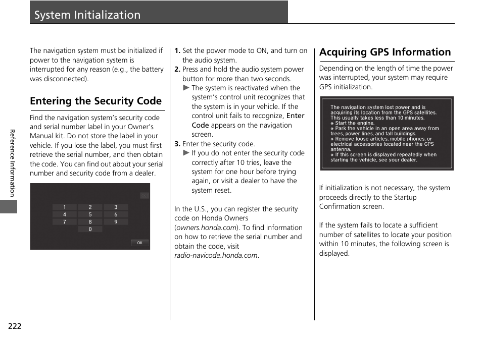 System initialization 222, System initialization, Entering the security code p. 222 | Entering the security code, Acquiring gps information | HONDA 2015 Fit - Navigation Manual User Manual | Page 223 / 253