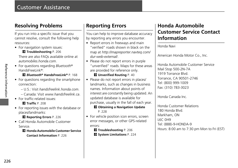 Customer assistance 226, Reporting errors p. 226, Customer assistance | Contact information, Resolving problems, Reporting errors | HONDA 2015 Fit - Navigation Manual User Manual | Page 227 / 253