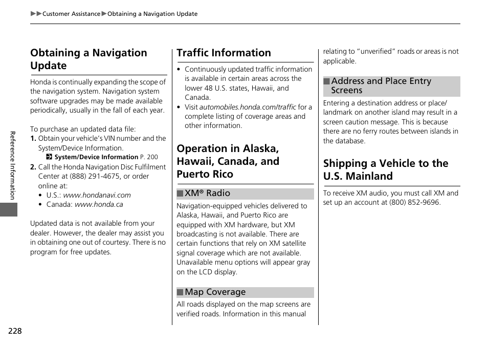 Traffic information p. 228, Obtaining a navigation update, Puerto rico | Shipping a vehicle to the u.s. mainland, Traffic information | HONDA 2015 Fit - Navigation Manual User Manual | Page 229 / 253