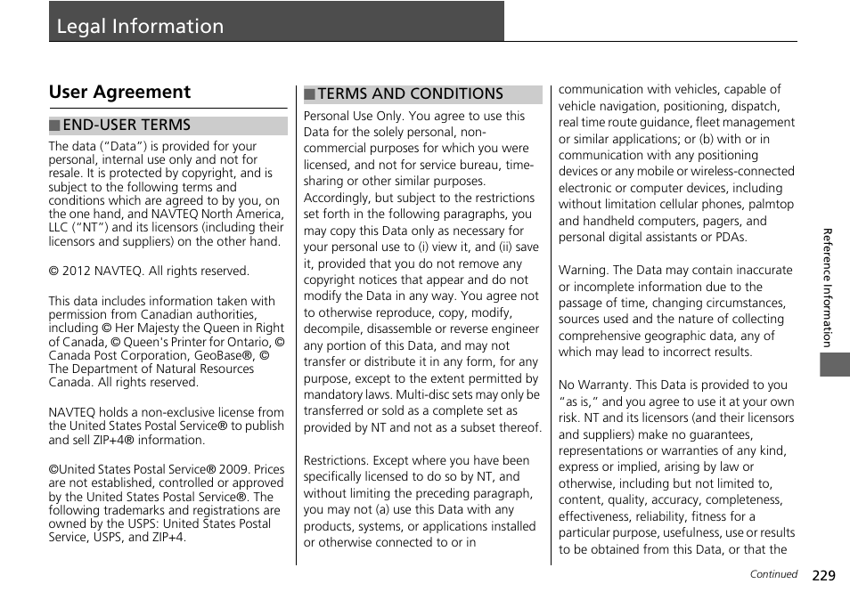 Legal information 229, Legal information, User agreement | HONDA 2015 Fit - Navigation Manual User Manual | Page 230 / 253