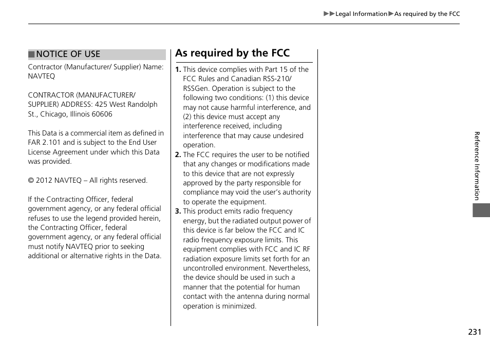 As required by the fcc | HONDA 2015 Fit - Navigation Manual User Manual | Page 232 / 253