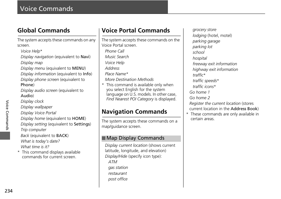 Voice commands 234, Voice commands, Map display commands p. 234 | Global commands, Map display commands, Voice portal commands, Navigation commands | HONDA 2015 Fit - Navigation Manual User Manual | Page 235 / 253