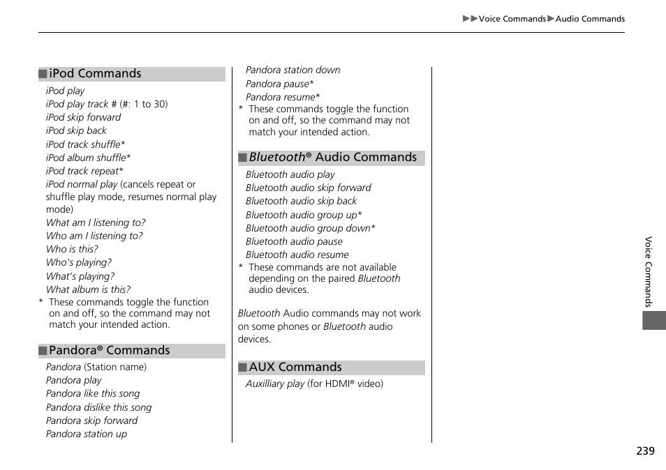 Ipod commands, Pandora® commands p. 239, Bluetooth ® audio commands p. 239 | HONDA 2015 Fit - Navigation Manual User Manual | Page 240 / 253