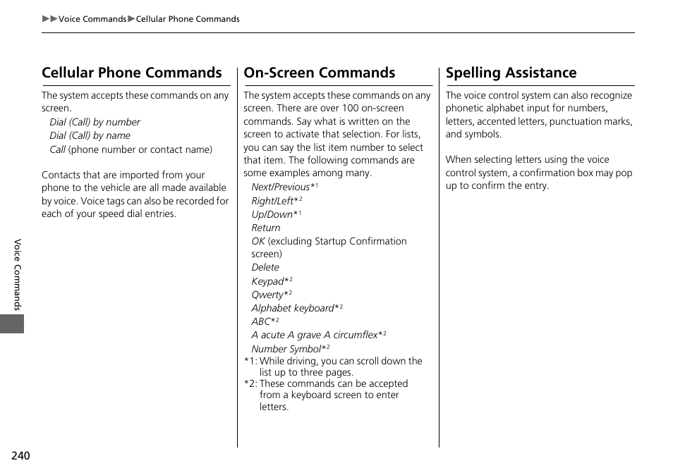 Cellular phone commands, On-screen commands, Spelling assistance | HONDA 2015 Fit - Navigation Manual User Manual | Page 241 / 253