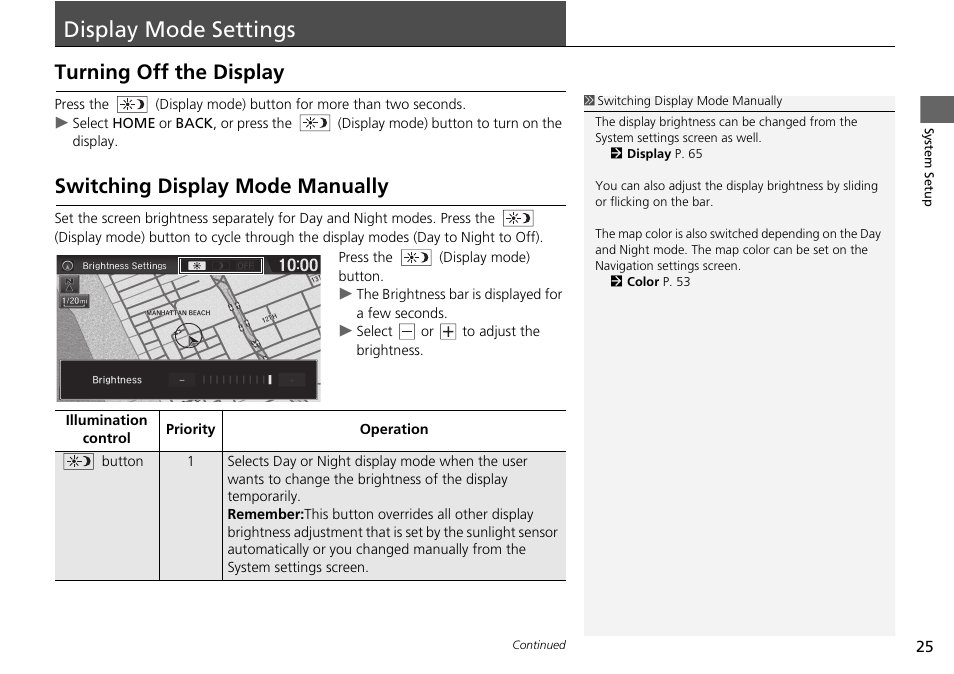 Display mode settings 25, P25), Display mode settings | Turning off the display, Switching display mode manually | HONDA 2015 Fit - Navigation Manual User Manual | Page 26 / 253