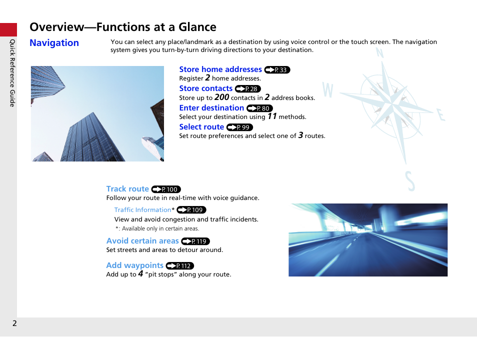 Quick reference guide, Overview—functions at a glance, Navigation | HONDA 2015 Fit - Navigation Manual User Manual | Page 3 / 253