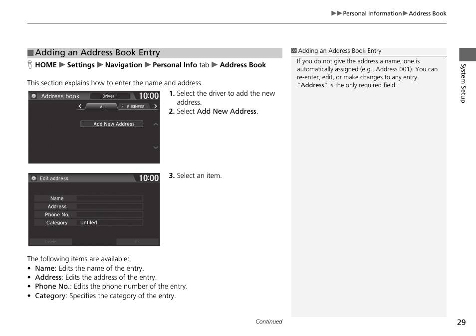 Adding an address book entry | HONDA 2015 Fit - Navigation Manual User Manual | Page 30 / 253