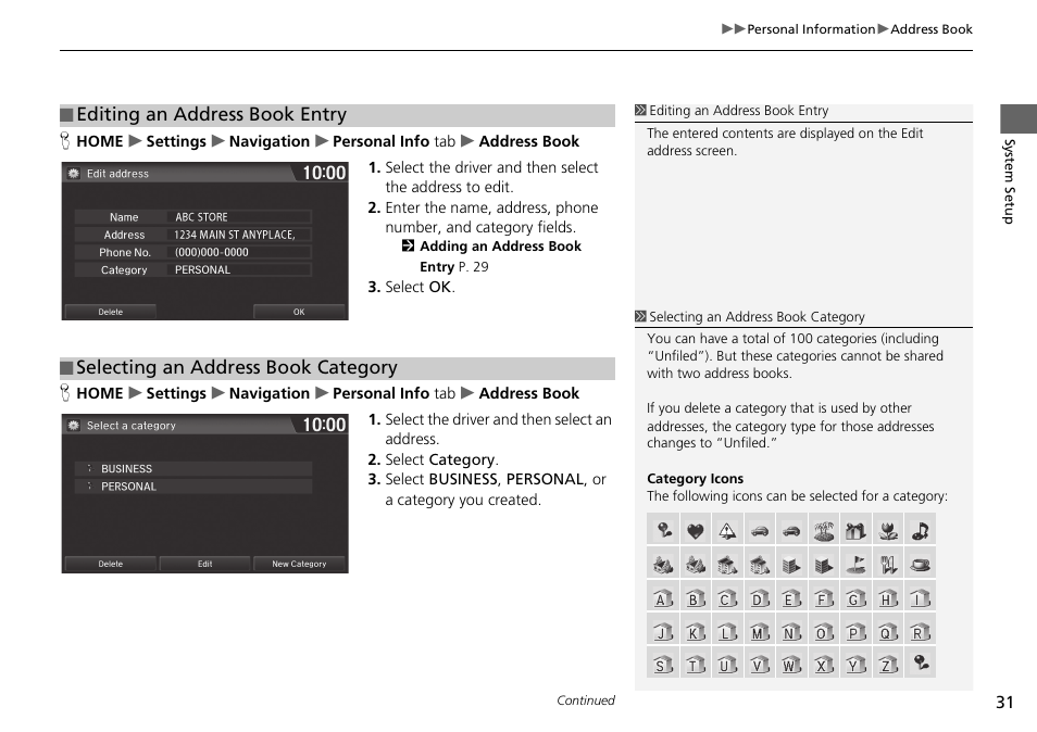 Selecting an address book category p. 31, Editing an address book entry, Selecting an address book category | HONDA 2015 Fit - Navigation Manual User Manual | Page 32 / 253