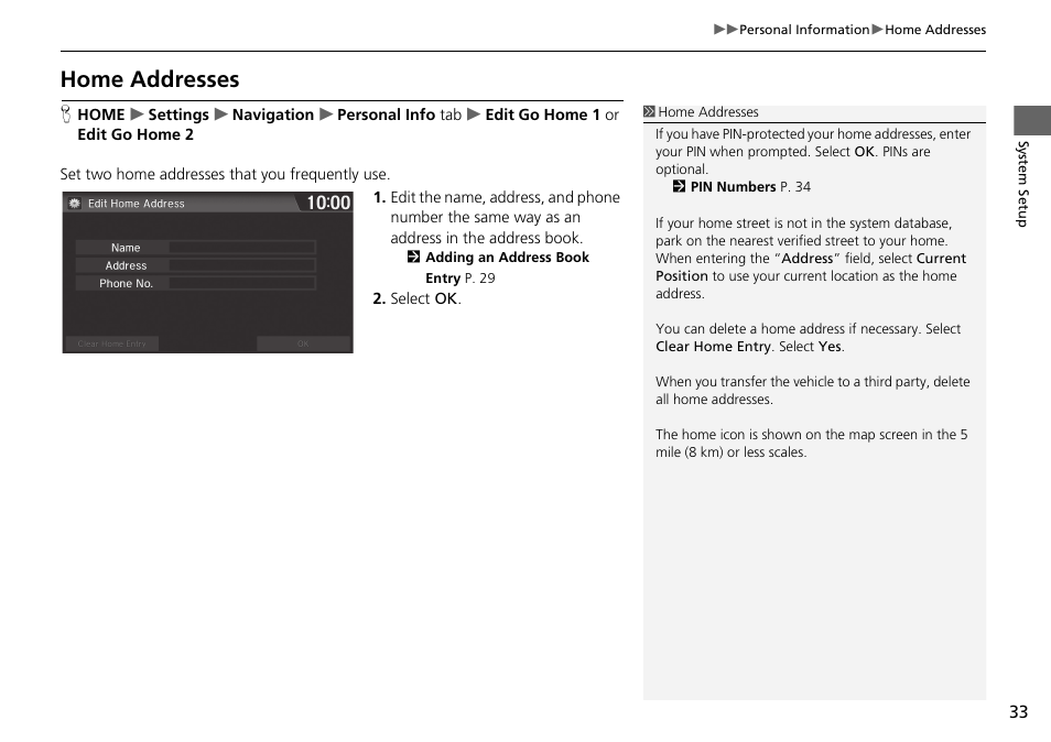 P33), Home addresses, Home addresses p. 33 | HONDA 2015 Fit - Navigation Manual User Manual | Page 34 / 253