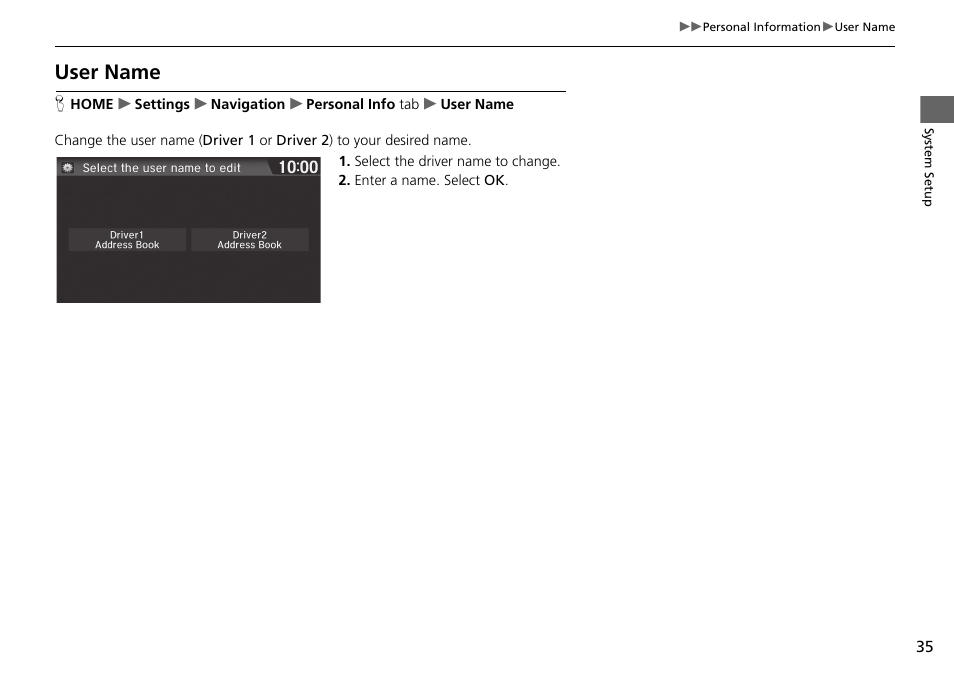 User name, User name p. 35 | HONDA 2015 Fit - Navigation Manual User Manual | Page 36 / 253