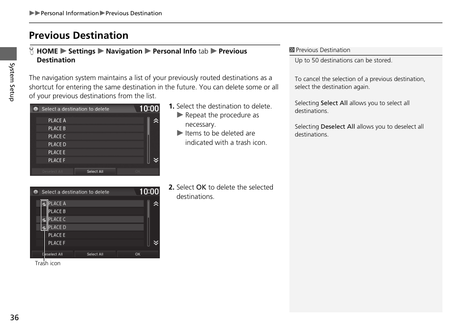 Previous destination, Previous destination p. 36 | HONDA 2015 Fit - Navigation Manual User Manual | Page 37 / 253