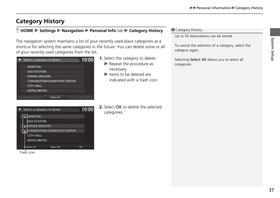 Category history | HONDA 2015 Fit - Navigation Manual User Manual | Page 38 / 253