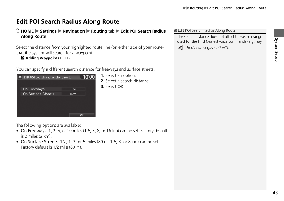 Edit poi search radius along route | HONDA 2015 Fit - Navigation Manual User Manual | Page 44 / 253