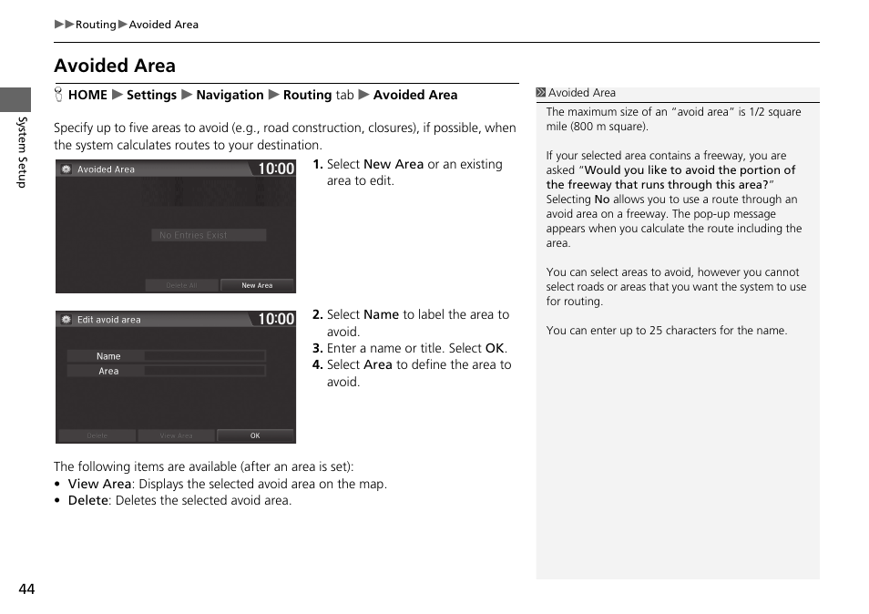 Avoided area | HONDA 2015 Fit - Navigation Manual User Manual | Page 45 / 253