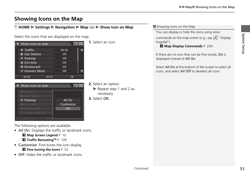 Showing icons on the map | HONDA 2015 Fit - Navigation Manual User Manual | Page 52 / 253