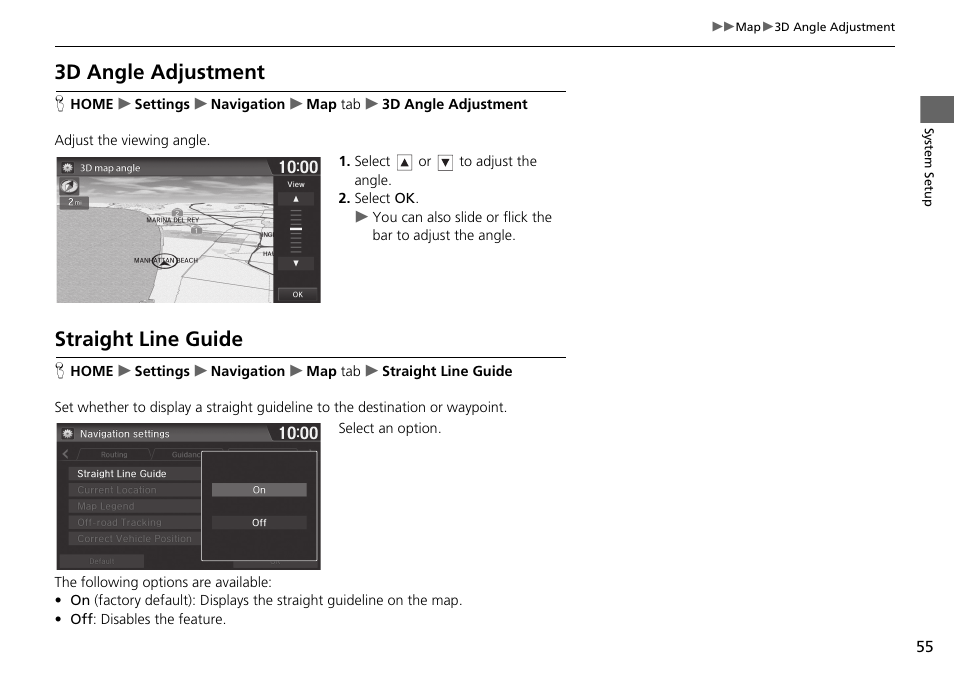 P55), 3d angle adjustment straight line guide, 3d angle adjustment p. 55 | Straight line guide, 3d angle adjustment | HONDA 2015 Fit - Navigation Manual User Manual | Page 56 / 253