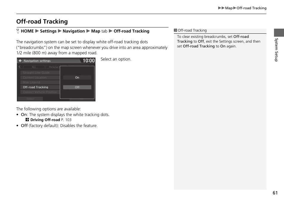 Off-road tracking, Off-road tracking p. 61 | HONDA 2015 Fit - Navigation Manual User Manual | Page 62 / 253