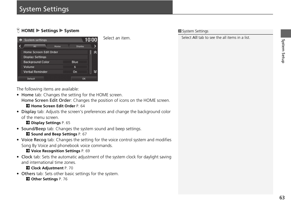 System settings 63, System settings | HONDA 2015 Fit - Navigation Manual User Manual | Page 64 / 253