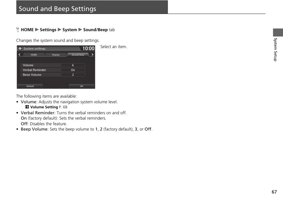 Sound and beep settings 67, Sound and beep settings | HONDA 2015 Fit - Navigation Manual User Manual | Page 68 / 253