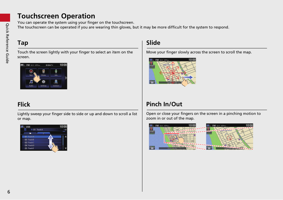 Touchscreen operation, Flick, Slide | Pinch in/out | HONDA 2015 Fit - Navigation Manual User Manual | Page 7 / 253