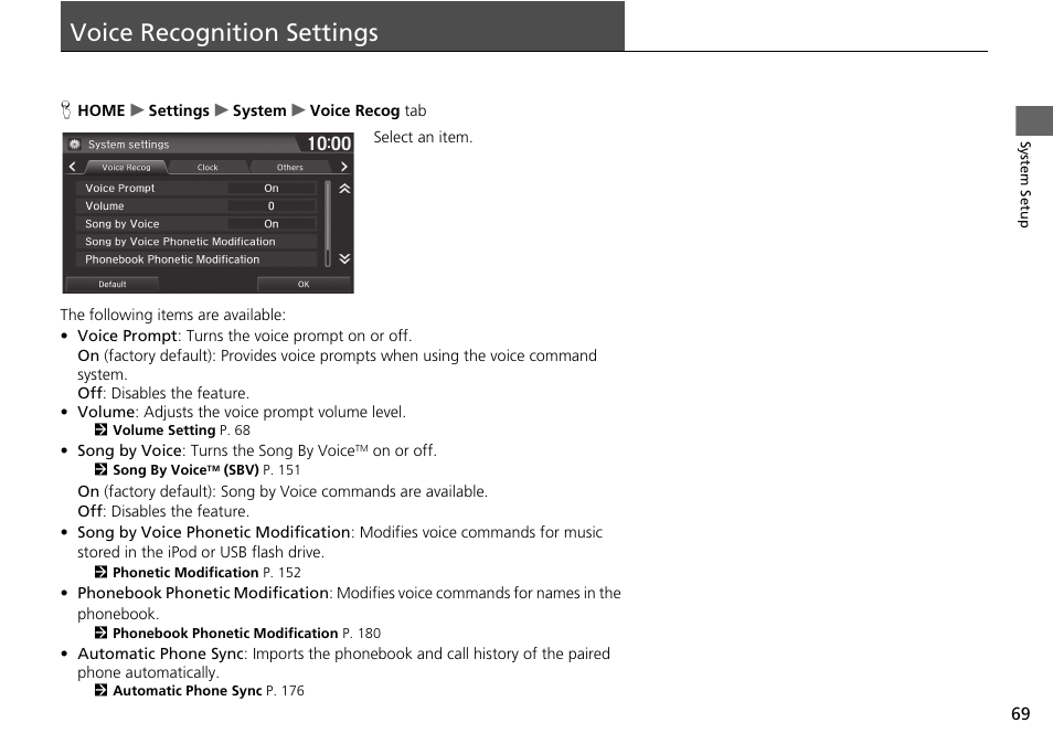 Voice recognition settings 69, Voice recognition settings, Voice recognition settings p. 69 | HONDA 2015 Fit - Navigation Manual User Manual | Page 70 / 253