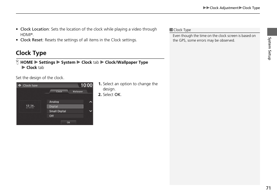 Clock type, Clock type p. 71 | HONDA 2015 Fit - Navigation Manual User Manual | Page 72 / 253