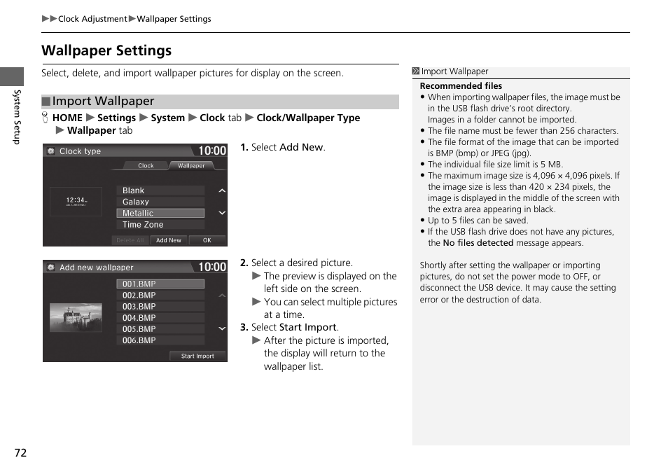 Wallpaper settings, Import wallpaper | HONDA 2015 Fit - Navigation Manual User Manual | Page 73 / 253