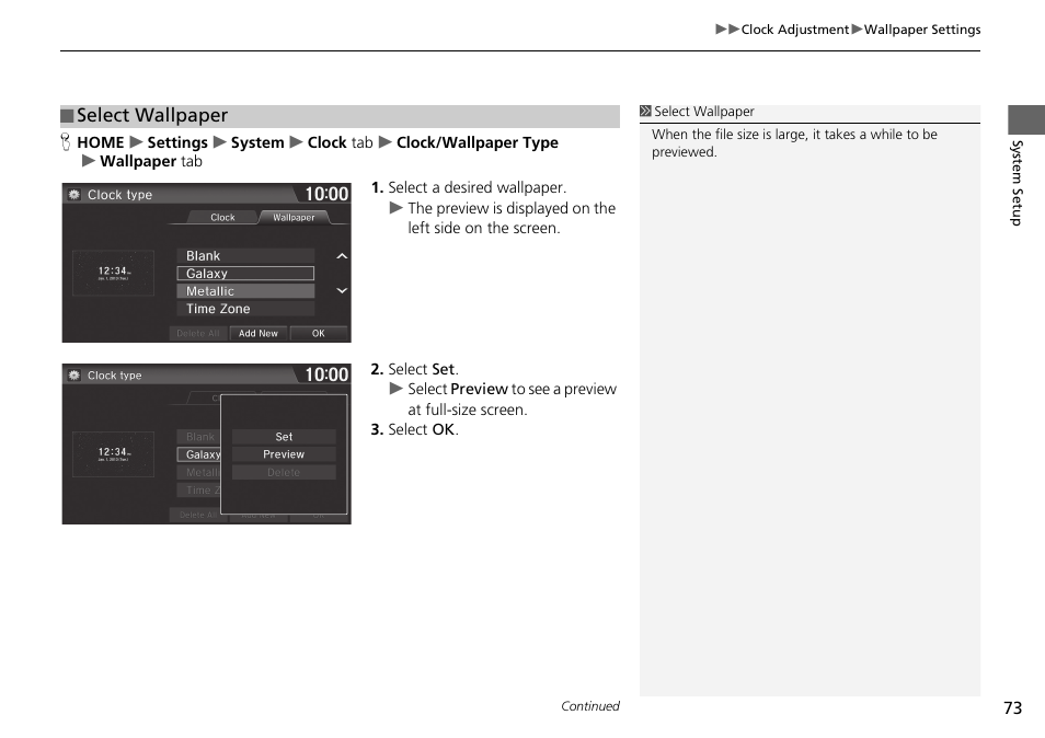 Select wallpaper | HONDA 2015 Fit - Navigation Manual User Manual | Page 74 / 253